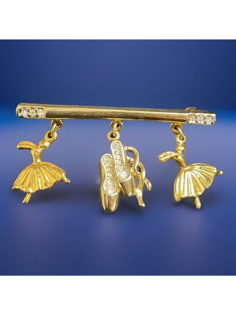 Vintage Gold-Tone Brooch Pin Dangle Ballerina Charms Rhinestone